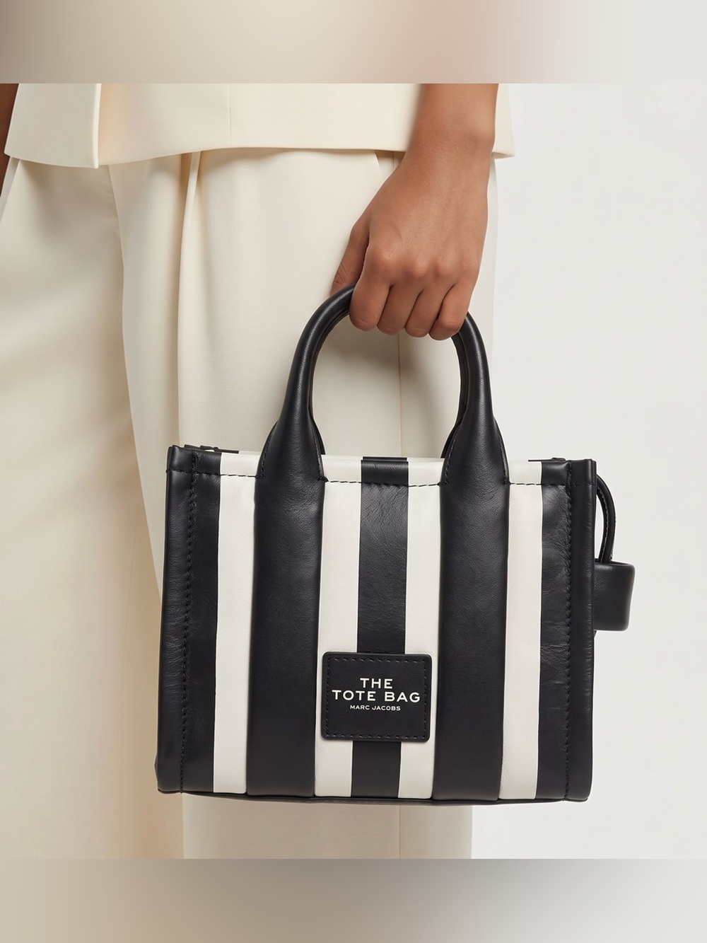 Marc Jacobs Micro Tote Bag Striped Black & White Lambskin Removable Strap NWT